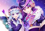  2girls :d arm_around_shoulder bang_dream! blue_bow blue_hair blue_headwear blue_ribbon book bow brooch cane center_frills choker crescent cross-laced_clothes earrings flower fur_collar hair_between_eyes hair_bow hair_flower hair_ornament hair_over_shoulder hair_ribbon hat hat_bow horn_flower horns jewel-topped_staff jewelry long_hair long_sleeves low-tied_long_hair matsubara_kanon minori_(faddy) mob_cap monocle multiple_girls open_book open_mouth pink_bow pink_flower pink_neckwear pink_rose purple_flower purple_hair purple_rose red_eyes ribbon rose seta_kaoru sheep_horns smile sparkle_print star star_earrings top_hat upper_body white_choker 