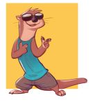  2019 ambiguous_gender anthro barefoot border claws clothed clothing eyewear finger_gun fuel_(artist) gesture head_tuft hi_res lutrine mammal mustelid oliver_(fuel) orange_background pawpads shirt simple_background smile solo standing sunglasses tank_top toe_claws topwear whiskers white_border 