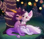  2019 anthro aseethe canid canine detailed_background digital_media_(artwork) dragon duo grass hybrid mammal night outside pink_eyes sitting smile 