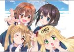  4girls ahoge black_hair black_ribbon black_serafuku blonde_hair blue_eyes blush braid brown_hair commentary_request green_eyes hair_flaps hair_over_shoulder hair_ribbon hairband hand_up hands_on_own_cheeks hands_on_own_face kantai_collection light_brown_hair long_hair malino_(dream_maker) multiple_girls murasame_(kantai_collection) neckerchief one_eye_closed open_mouth orange_eyes pointing red_eyes red_hairband ribbon sailor_collar school_uniform serafuku shigure_(kantai_collection) shiratsuyu_(kantai_collection) short_hair short_sleeves smile straight_hair twintails v yuudachi_(kantai_collection) 