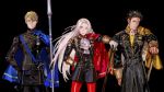  1girl 2boys armor axe blonde_hair blue_eyes brown_hair cape claude_von_regan_(fire_emblem) cravat dark_skin dimitri_alexandre_bladud_(fire_emblem) edelgard_von_hresvelgr_(fire_emblem) fire_emblem fire_emblem:_fuukasetsugetsu gloves green_eyes hair_ornament hair_ribbon highres long_hair looking_at_viewer multiple_boys pantyhose red_cape ribbon saiga_tokihito short_hair simple_background uniform weapon 