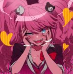  1girl artist_request bear_hair_ornament blue_eyes bow breasts cleavage collarbone commentary_request danganronpa danganronpa_1 enoshima_junko eyebrows_visible_through_hair hair_ornament heart heart-shaped_pupils highres long_hair looking_at_viewer medium_breasts nail_polish necktie pink_hair pink_nails sharp_teeth skirt sleeves_rolled_up smile solo sweat symbol-shaped_pupils teeth twintails 