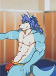  617foreverwithy abs animated anthro balls biceps black_nose blue_fur blue_hair canid canine chest_tuft clothing fur hair humping_air looking_at_viewer loop male mammal muscular muscular_male nipples portrait smile solo tan_fur thong three-quarter_portrait thrusting tuft 
