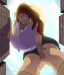  anthro big_breasts breasts clothed clothing eyewear female glasses hi_res huge_breasts lagomorph leporid looking_at_viewer macro mammal rabbit redpixie slightly_chubby smile solo 