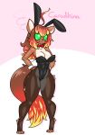  2019 ahoge anthro bow_tie breasts canid canine canis caradhina clothed clothing digital_media_(artwork) fake_ears fake_rabbit_ears female fur green_eyes hi_res limebreaker mammal playboy_bunny simple_background small_breasts solo standing tears thick_thighs 