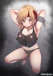  1girl alternate_costume armpits arms_behind_head bangs bare_shoulders black_panties blonde_hair blush breasts brown_eyes collarbone commentary_request covered_nipples crop_top djeeta_(granblue_fantasy) from_above full_body granblue_fantasy hairband medium_breasts midriff panties patreon_logo patreon_username pink_lips shiny shiny_clothes shiny_skin short_hair soldier_(granblue_fantasy) soles solo spicy_moo squatting swept_bangs thighs toes underwear 