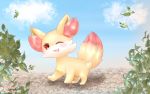  16:10 3_toes absurd_res ambiguous_gender blush cloud dipstick_tail eyelashes fennekin feral fluffy fluffy_ears fluffy_tail fur happy hi_res inner_ear_fluff looking_at_viewer melu0213pk multicolored_tail nintendo one_eye_closed plant pok&eacute;mon pok&eacute;mon_(species) red_eyes red_fur shrub solo sweat toes video_games white_fur yellow_fur 