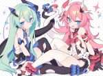  2girls :d bangs bare_shoulders black_dress black_gloves black_legwear blade_(galaxist) blue_eyes blush bow breasts closed_mouth commentary dress eyebrows_visible_through_hair fang flower garter_straps gloves green_hair hair_between_eyes hair_ornament honkai_(series) honkai_impact_3rd intertwined_tails liliya_olyenyey long_hair looking_at_viewer multiple_girls open_mouth pink_hair polka_dot polka_dot_background red_bow red_flower red_rose rose rozaliya_olyenyey short_eyebrows small_breasts smile sparkle symbol-shaped_pupils tail thighhighs very_long_hair white_background white_legwear 