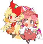  2girls animal_ears bird bird_wings blonde_hair blush brown_dress brown_headwear chibi dress feathered_wings full_body green_nails grey_eyes ini_(inunabe00) looking_at_another multicolored_hair multiple_girls mystia_lorelei niwatari_kutaka one_eye_closed open_mouth orange_dress pink_hair puffy_short_sleeves puffy_sleeves red_eyes red_hair red_neckwear shirt short_hair short_sleeves smile touhou two-tone_hair white_shirt winged_boots winged_hat wings 