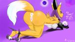  16:9 anus big_butt black_sclera blue_eyes butt clothing digimon digimon_(species) dipstick_ears dipstick_tail female footwear hi_res high_heels looking_at_viewer multicolored_ears multicolored_tail pussy shoes solo taomon text thick_thighs 