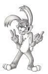  2019 absurd_res angry anthro buckteeth chest_tuft damaged fangs flipping front_view fur gesture greyscale grin hi_res krolik lagomorph leporid long_ears looking_at_viewer lucky_(whacked) male mammal microsoft middle_finger monochrome portrait pose rabbit sharp_teeth signature smile solo solo_focus standing stitches teeth tuft v_sign video_games xbox_game_studios 