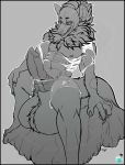  2019 abs anthro balls biceps big_balls bite_mark black_and_white canid canine canis claws clothing digital_media_(artwork) erection fur hair hi_res huge_balls hyaenid hyper hyper_balls hyper_penis jarofslime_(artist) knot male mammal monochrome muscular muscular_male nipples pecs penis simple_background sitting solo teeth torn_clothing tree_stump were werecanid werecanine werewolf 