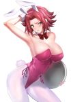  1girl absurdres animal_ears armpits blue_eyes blush breasts bunny_ears bunnysuit code_geass commentary commentary_request hairband highres kallen_stadtfeld large_breasts leotard red_hair short_hair simple_background tray ulrich_(tagaragakuin) white_background 