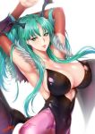 1girl animal_print armpits arms_up bat bat_print bat_wings blush breasts bridal_gauntlets capcom commentary commentary_request demon_girl green_eyes green_hair head_wings heart_cutout large_breasts leotard long_hair morrigan_aensland pantyhose print_legwear purple_legwear purple_wings red_leotard simple_background solo succubus tongue tongue_out vampire_(game) white_background wings zucchini 