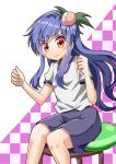  1girl alternate_costume arms_up balloon blue_hair blue_shorts breasts checkered checkered_background clenched_hands commentary_request eyebrows_visible_through_hair feet_out_of_frame food_themed_hair_ornament frown furrowed_eyebrows gym_uniform hair_ornament head_tilt highres hinanawi_tenshi leaf_hair_ornament long_hair looking_at_viewer peach_hair_ornament red_eyes shirt short_sleeves shorts sidelocks sitting sitting_on_object sleeve_cuffs small_breasts solo stool sugiyama_ichirou touhou very_long_hair wavy_mouth white_background white_shirt 