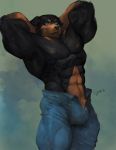  anthro bulge canid canine canis clothed clothing domestic_dog eyewear glasses goroguro hands_behind_head hi_res looking_at_viewer male mammal mastiff molosser muscular muscular_male pubes rottweiler smile solo standing topless unzipped 