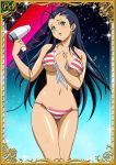  1girl antenna_hair bikini black_hair blue_eyes blush breasts card_(medium) collarbone earrings floating_hair gradient gradient_background highres holding ikkitousen jewelry kakouen_myousai large_breasts long_hair magatama magatama_earrings navel open_mouth solo straight_hair striped striped_bikini swimsuit torn_bikini underboob very_long_hair 