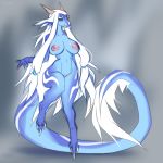  1:1 5_fingers anthro blue_eyes breasts dragon draqgon female hair hi_res horn nipples non-mammal_breasts nude pussy simple_background smile solo white_hair xenoda 