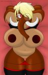  2019 big_breasts blonde_hair breasts clothed clothing clothing_raised digital_media_(artwork) elephantid eyewear female fur glasses hair hi_res klr-rio lying mammal mammoth nipples on_back panties panties_down proboscidean pussy red_eyes rina_(klr-rio) solo trunk tusks underwear 