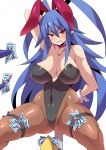  1girl 3others angry animal_ears antenna_hair arm_up beak blue_hair blush breasts bunny_ears bunnysuit choker cleavage covered_navel cuff_links disgaea disgaea_d2 fake_animal_ears highres konno_tohiro laharl-chan large_breasts long_hair money multiple_others pantyhose prinny red_eyes sharp_teeth slit_pupils sweatdrop teeth thick_thighs thighs very_long_hair white_background 