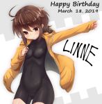  1girl 2019 ahoge bangs breasts brown_eyes brown_hair character_name closed_mouth covered_navel drawstring eyebrows_visible_through_hair hair_between_eyes happy_birthday hood hood_down hooded_jacket jacket linne long_sleeves looking_at_viewer medium_breasts open_clothes open_jacket rabittofaa short_hair short_jumpsuit sleeves_past_wrists solo under_night_in-birth yellow_jacket 