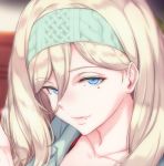  1girl bangs blonde_hair blue_eyes blurry blurry_background casual collarbone eyebrows_visible_through_hair hair_between_eyes half-closed_eyes hand_up head_tilt headband indoors kantai_collection long_hair looking_at_viewer lowres mole mole_under_eye mole_under_mouth open_clothes osterei parted_lips portrait richelieu_(kantai_collection) sidelocks smile solo 