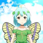  1girl :o alternate_costume antennae bangs bare_shoulders black_choker blue_hair blue_sky blush bra_strap butterfly_wings cato_(monocatienus) choker cloud commentary_request day dress eternity_larva eyebrows_visible_through_hair green_dress leaf looking_at_viewer off-shoulder_dress off_shoulder open_mouth outdoors ribbon short_hair sky solo sweat touhou upper_body wings yellow_eyes yellow_ribbon 