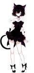  1girl absurdres animal_ear_fluff animal_ears artist_name bangs bare_arms bare_legs bare_shoulders black_choker black_dress black_footwear black_hair cat_ears cat_tail choker collarbone crescent crescent_choker dress eyelashes full_body hair_between_eyes high_heels highres looking_at_viewer original red_eyes revision sheya short_dress short_hair signature simple_background solo standing strapless strapless_dress tail thighs white_background 