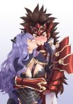  1boy 1girl absurdres aequorine arm_guards armor blush breasts brown_hair camilla_(fire_emblem_if) capelet closed_eyes embarrassed fire_emblem fire_emblem_if gloves headgear highres hug hug_from_behind kiss large_breasts long_hair purple_hair ryouma_(fire_emblem_if) spiked_hair 