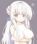  1girl :t arm_under_breasts azur_lane bangs bare_arms bare_shoulders blue_ribbon blush braid breast_hold breasts cleavage closed_mouth collarbone commentary_request covered_nipples cygnet_(azur_lane) eyebrows_behind_hair grey_background hair_between_eyes hair_bun hair_censor hair_over_one_breast hair_ribbon large_breasts long_hair looking_at_viewer nipples nude red_eyes ribbon sakurato_ototo_shizuku side_bun simple_background solo tears upper_body very_long_hair white_hair 
