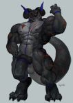  animal_genitalia animal_penis anthro balls big_penis dragon equine_penis goroguro hi_res horn hybrid_penis knot knotted_equine_penis looking_at_viewer male muscular muscular_male pecs penis scalie scar solo standing thick_penis vein 