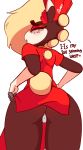  2019 2d_animation animated biped black_fur blush butt camel_toe clothed clothing dialogue diives dress eyeliner female fingerless_gloves freckles fur gloves hi_res looking_at_viewer makeup mammal nervous rear_view red_clothing red_topwear shaking_butt simple_background solo standing talking_to_viewer tang_(diives) topwear white_background 