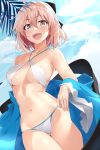  1girl :d ass_visible_through_thighs bikini breasts commentary_request cowboy_shot day dutch_angle fate/grand_order fate_(series) hair_between_eyes halterneck looking_at_viewer medium_breasts navel off_shoulder okita_souji_(fate) okita_souji_(fate)_(all) open_mouth outdoors pink_hair shinsengumi short_hair shunichi silver_eyes smile solo sunlight swimsuit thigh_gap underboob white_bikini 