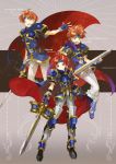  1boy ahoge arm_guards armor blue_hair breastplate cape fingerless_gloves fire_emblem fire_emblem:_fuuin_no_tsurugi fire_emblem_heroes gloves headband holding holding_sword holding_weapon looking_at_viewer noki_(affabile) pauldrons red_hair roy_(fire_emblem) smile sword weapon 