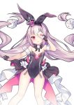  1girl :d ace_of_hearts azur_lane black_bow black_gloves black_hairband black_leotard black_ribbon blush bow card covered_navel crown dice_hair_ornament gloves groin hair_ornament hair_ribbon hairband half_gloves hobby_(azur_lane) holding holding_card leotard long_hair mini_crown multicolored_hair one_eye_covered open_mouth playing_card purple_hair red_eyes ribbon simple_background smile solo strapless strapless_leotard streaked_hair tilted_headwear twintails utm very_long_hair white_background white_hair 