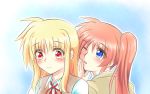  2girls blonde_hair blush couple fate_testarossa highres kerorokjy long_hair looking_at_another lyrical_nanoha mahou_shoujo_lyrical_nanoha mahou_shoujo_lyrical_nanoha_a&#039;s multiple_girls one_eye_closed open_mouth orange_hair ponytail red_eyes ribbon school_uniform side_ponytail simple_background surprised takamachi_nanoha two-tone_background uniform very_long_hair whispering yuri 