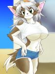  absurd_res anthro big_breasts breasts canid canine clothed clothing female fur hi_res kemono mammal solo under_boob ペディスペア 