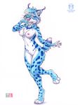  2019 4_toes 5_fingers anthro areola blue_fur breasts digital_media_(artwork) felid feline female fur kacey lynx mammal nipples nude open_mouth pussy simple_background smile solo spots spotted_fur teeth toes tongue white_background white_fur 