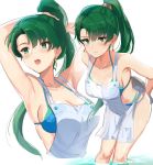  1girl absurdres apron armpits arms_behind_head arms_up bangs bare_shoulders bikini blue_bikini blush breasts closed_mouth collarbone earrings fire_emblem fire_emblem:_rekka_no_ken green_eyes green_hair high_ponytail highres jewelry large_breasts long_hair looking_at_viewer lyndis_(fire_emblem) multiple_views open_mouth ormille ponytail simple_background smile swimsuit thighs very_long_hair white_background 