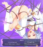  1girl :o anklet ass bare_shoulders barefoot bdsm blanc blue-senpai blue_hair bondage bound bracelet choujigen_game_neptune commentary_request elbow_gloves english_text feet forehead full_moon gloves gradient gradient_background jewelry leotard looking_at_viewer moon neptune_(series) open_mouth power_symbol purple_legwear short_hair soles solo suspension symbol-shaped_pupils thighhighs v-shaped_eyebrows white_gloves white_heart white_legwear white_leotard 