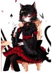  1girl absurdres animal_ear_fluff animal_ears artist_name bangs black_hair black_hairband black_legwear black_shirt bow brooch bug butterfly cat_ears cat_tail chair cropped_legs cup earrings eyebrows_visible_through_hair eyelashes flower frilled_sleeves frills gothic_lolita hair_between_eyes hairband hand_up high-waist_skirt highres holding holding_cup insect jewelry juliet_sleeves lolita_fashion lolita_hairband long_sleeves looking_at_viewer nail_polish one_eye_closed original pantyhose petals petticoat puffy_sleeves red_bow red_eyes red_flower red_nails red_rose red_skirt revision rose rose_petals sheya shirt short_hair signature simple_background sitting skirt solo spade_(shape) table tail teacup white_background wide_sleeves 