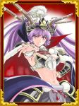  1girl breasts cape cleavage eyebrows_visible_through_hair faulds floating_hair fur-trimmed_cape fur_trim highres long_hair looking_at_viewer medium_breasts midriff navel outstretched_arm purple_eyes purple_hair red_cape sengoku_collection smile solo standing stomach strapless very_long_hair yoshinaga_masahiro 