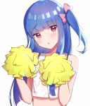  1girl :o bangs bare_arms bare_shoulders blue_hair blunt_bangs blush cheerleader crop_top hair_ribbon hands_up head_tilt highres holding holding_pom_poms idolmaster idolmaster_cinderella_girls long_hair looking_at_viewer midriff neginoki one_side_up parted_lips pink_eyes pink_ribbon pom_poms ribbon sajou_yukimi shirt simple_background sleeveless sleeveless_shirt solo star star_print stomach upper_body white_background white_shirt 