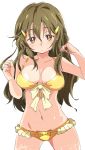  1girl bikini brown_eyes brown_hair hair_ornament hairclip ixy long_hair panties shinomiya_himawari short_shorts shorts solo swimsuit underwear vividred_operation wet wet_clothes wet_panties yellow_bikini 