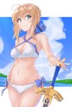  1girl ahoge artoria_pendragon_(all) artoria_pendragon_(swimsuit_archer) bangs bare_arms bare_shoulders bikini blue_bow blue_sky blush bow braid breasts cleavage closed_mouth cloud cloudy_sky commentary_request cowboy_shot criss-cross_halter day excalibur eyebrows_visible_through_hair fate/grand_order fate_(series) fingernails green_eyes hair_between_eyes hair_bow halterneck hand_on_hip highres light_brown_hair medium_breasts navel sidelocks sky smile solo swimsuit tapioka_(oekakitapioka) water white_bikini 