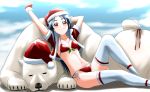  1girl arm_up bear bikini blue_hair blurry blurry_background breasts brown_eyes cleavage fingerless_gloves fur-trimmed_gloves fur-trimmed_hat fur-trimmed_jacket fur_trim gift_bag gloves hat highres jacket kakkii looking_at_viewer open_clothes open_jacket original red_bikini red_gloves red_headwear red_jacket santa_hat shiny shiny_hair short_sleeves side-tie_bikini sideboob sitting small_breasts solo swimsuit thighhighs white_legwear 