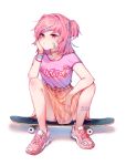  1girl bandaid bandaid_on_face chin_rest clothes_writing commentary doki_doki_literature_club english_commentary full_body hair_ornament hairclip looking_away medium_hair natsuki_(doki_doki_literature_club) pink_hair pink_shirt red_eyes satchely shirt shoes short_sleeves simple_background sitting skateboard skirt sneakers solo white_background 