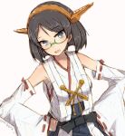  1girl alchera black_hair boots commentary_request cowboy_shot detached_sleeves glasses green-framed_eyewear green_eyes hairband hands_on_hips headgear kantai_collection kirishima_(kantai_collection) looking_at_viewer nontraditional_miko remodel_(kantai_collection) ribbon-trimmed_sleeves ribbon_trim short_hair simple_background solo thigh_boots thighhighs white_background 