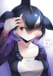  1girl absurdres bangs black_hair collarbone commentary_request eyebrows_visible_through_hair frown hair_over_one_eye hand_in_hair head_fins highres japari_symbol kanzakietc kemono_friends long_sleeves looking_at_viewer multicolored_hair orca_(kemono_friends) short_hair solo upper_body white_hair yellow_eyes 