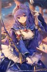  1girl arrow blue_dress blue_sky blush bow_(weapon) breasts character_request closed_mouth cloud cloudy_sky commentary_request dress grimms_echoes head_tilt holding holding_arrow holding_bow_(weapon) holding_weapon indoors long_hair long_sleeves medium_breasts purple_eyes purple_hair roll_okashi sky sleeves_past_wrists smile solo sunset tiara underbust very_long_hair watermark weapon 